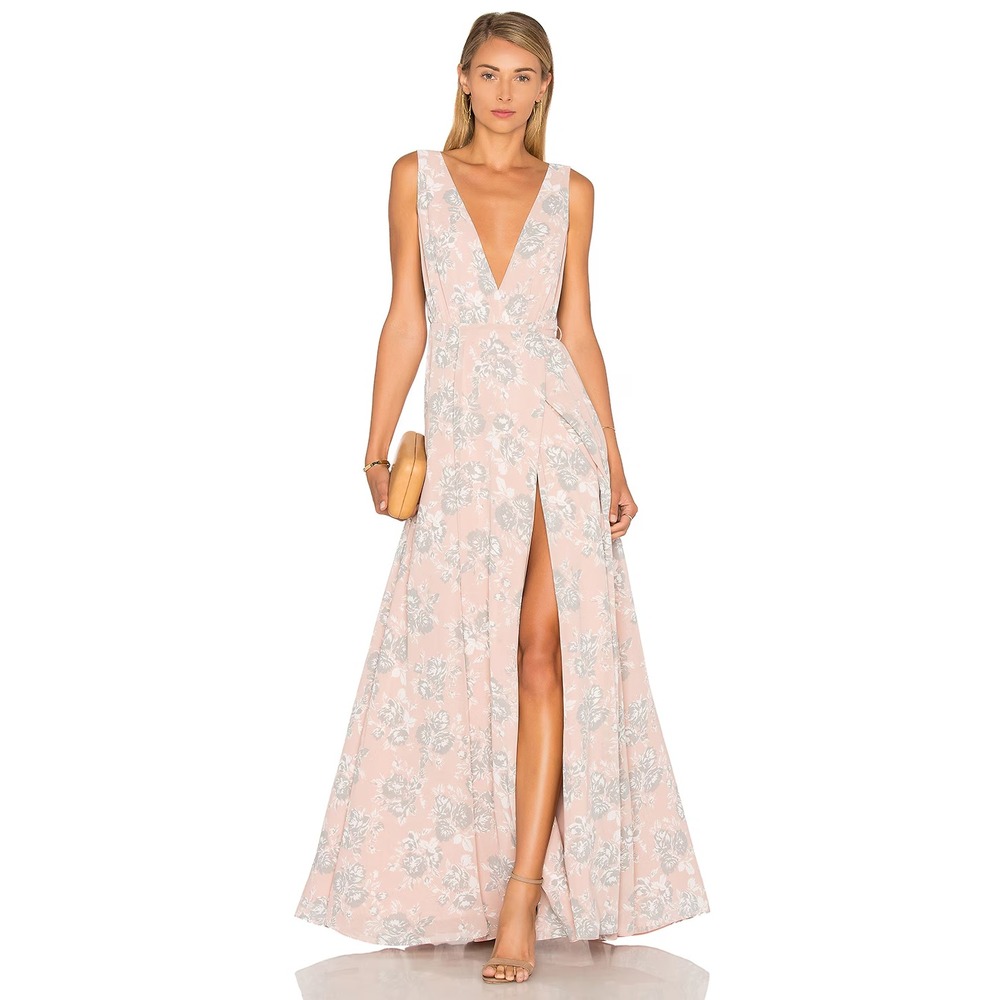 Lovers + Friends Leah Gown Maxi Dress Pink Floral Wrap Deep-V Semi-Formal Summer